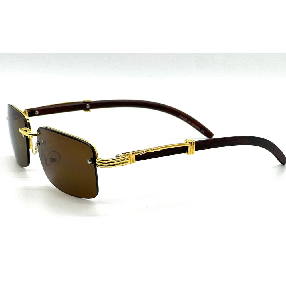 Men's Rimless Luxury Hip Hop Gem Cut Brown Tint Gold‎ Frame Rectangle Sunglasses